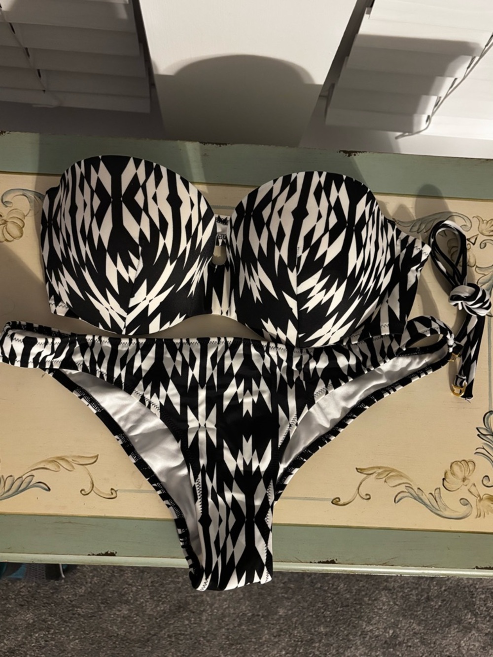 Victoria’s Secret Strapless Black & White Aztec Print Bikini
